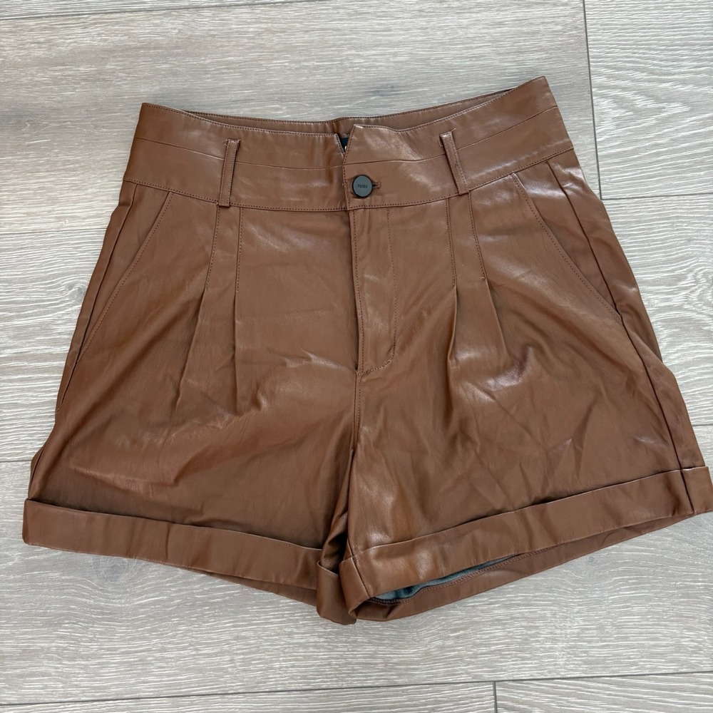 Paige Womens Dark Argan Pleated Cuffed Hem Blanka Vegan Leather Shorts Size 4
